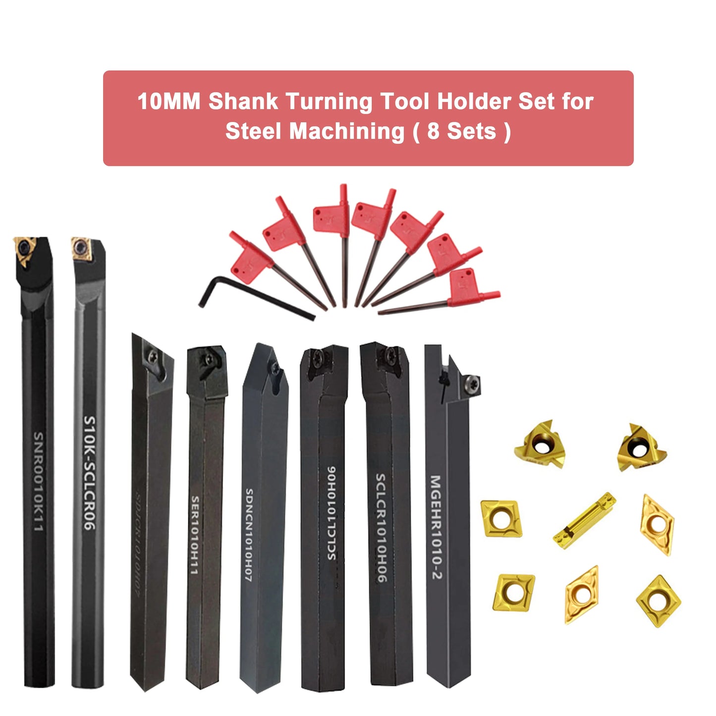 8-Piece 10MM Lathe Turning Tool Holder Set with Inserts & Wrenches