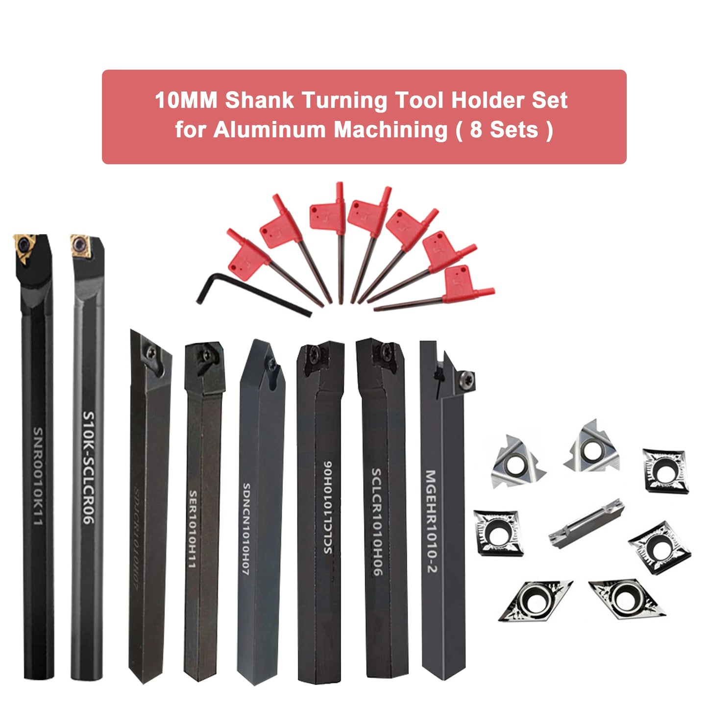8-Piece 10MM Lathe Turning Tool Holder Set with Inserts & Wrenches