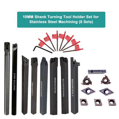 8-Piece 10MM Lathe Turning Tool Holder Set with Inserts & Wrenches