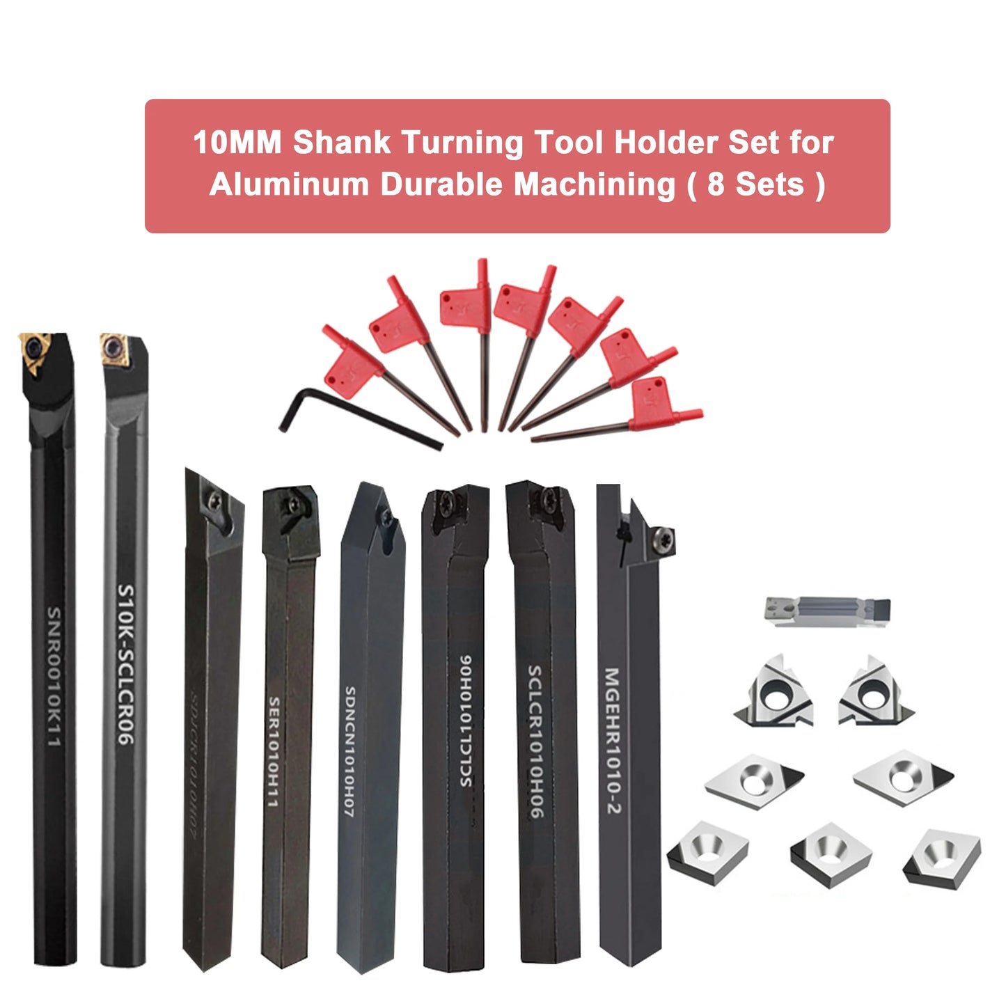8-Piece 10MM Lathe Turning Tool Holder Set with Inserts & Wrenches